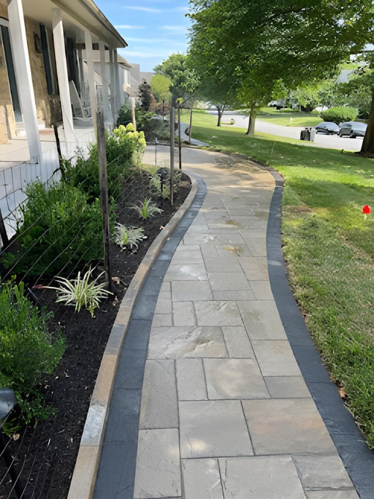 Custom Blend Retaining Wall & Walkway 4 wooden table on patio