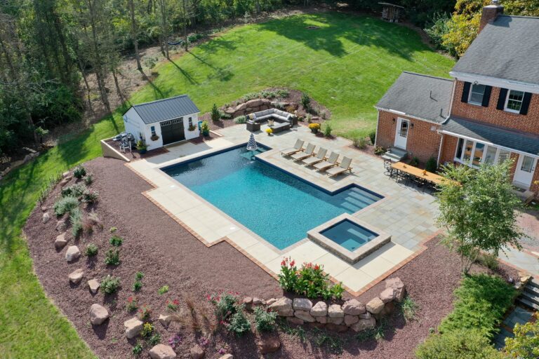 Swimming pool and patio Hardscape installation landscaping view
