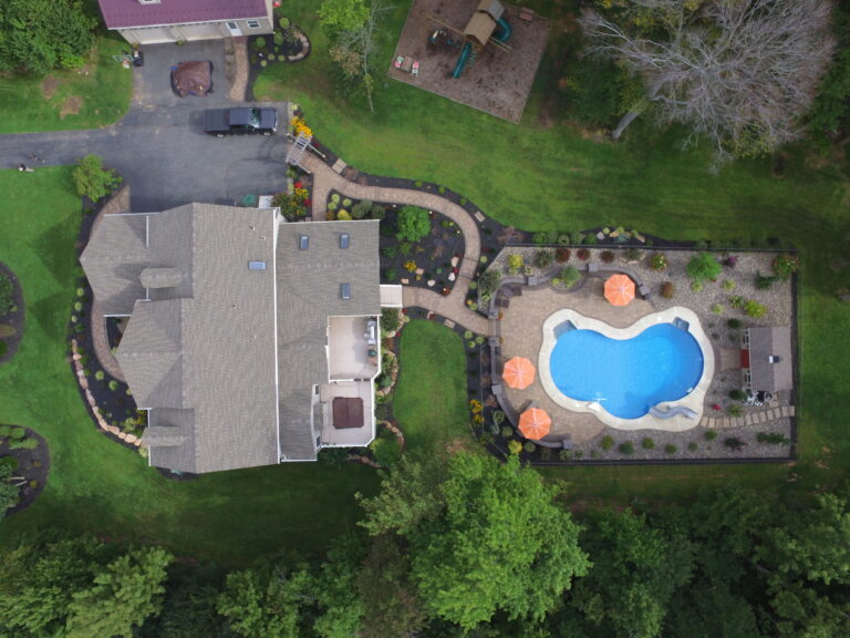 aerial view of swimming pool and Patio hardscape Installation in Morgantown pa